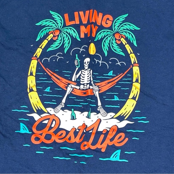 "Living My Best Life" Skeleton T-Shirt Large DOM Blue New With Tag Beach Life - Picture 3 of 4